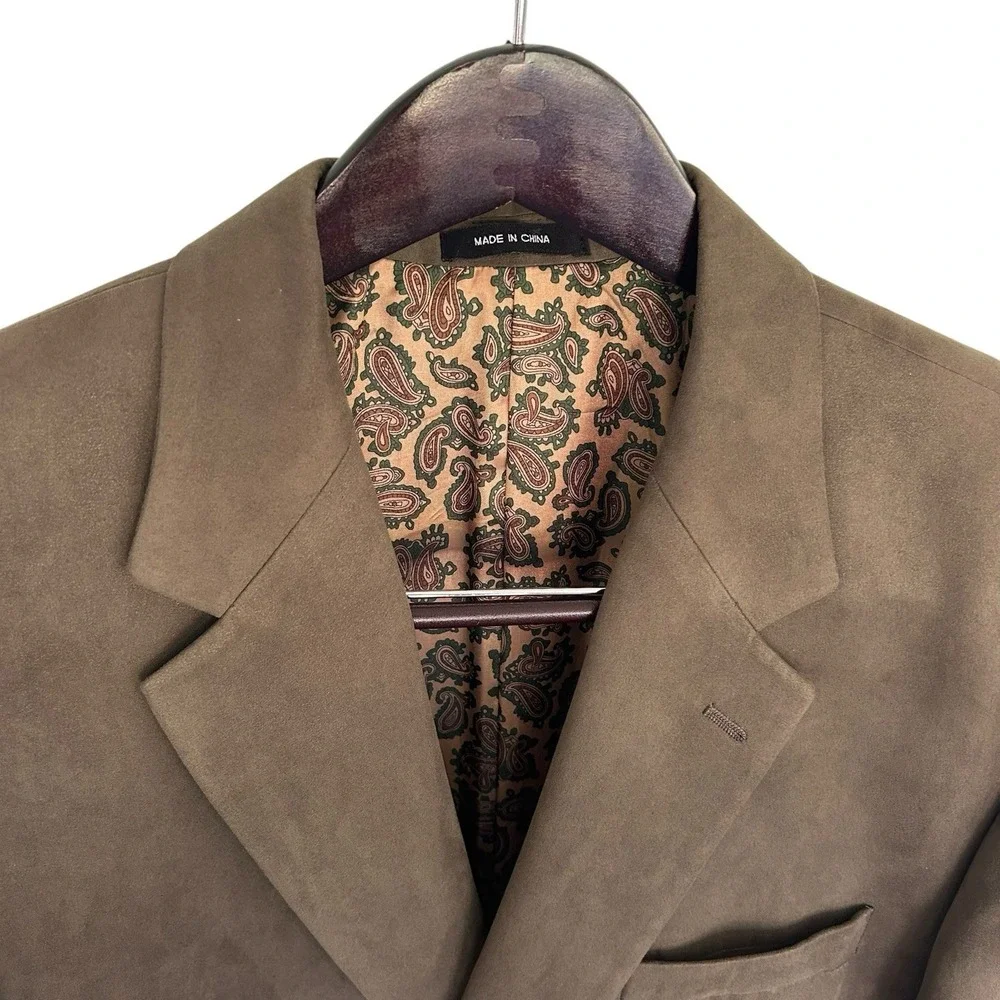 Lauren Ralph Lauren Faux Suede Blazer 46R Taupe Brown Paisley Lined Sport Coat